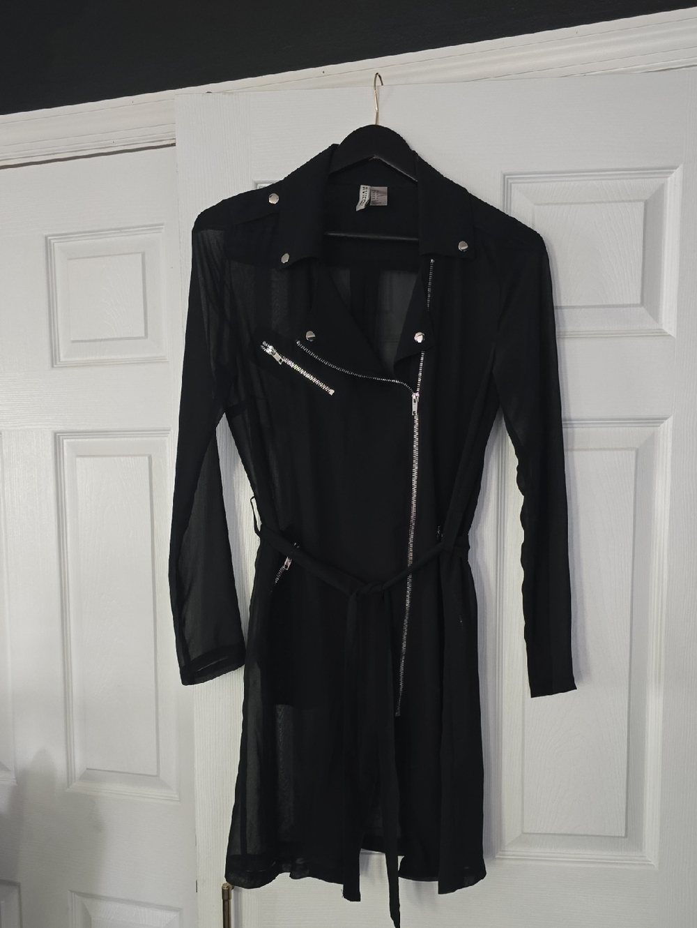 Sheer Black Belted Moto Dress with Zipper Accents